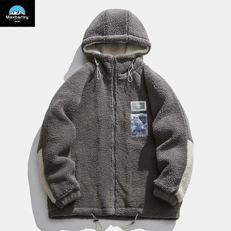 

Men Winter Fleece Jacket Lamb Wool Hooded Coat Mens Thick Warm Coat Loose Japanese Streetwear Casual Harajuku Zippered Jacket