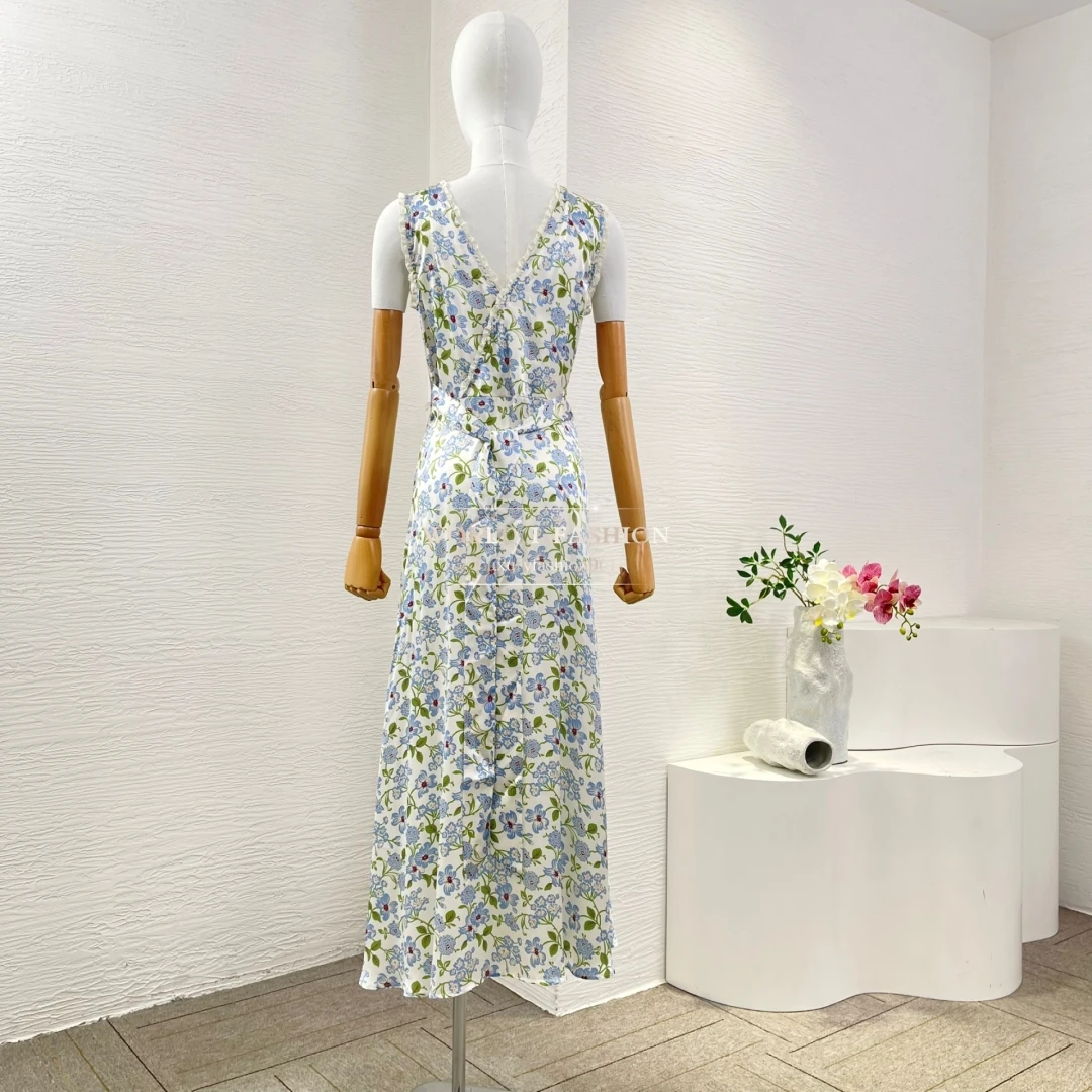 فستان ميدي عميق V 2025 تصميم جديد أخضر مطبوع عليه زهور وكشكشة مكشكشة بدون أكمام #2