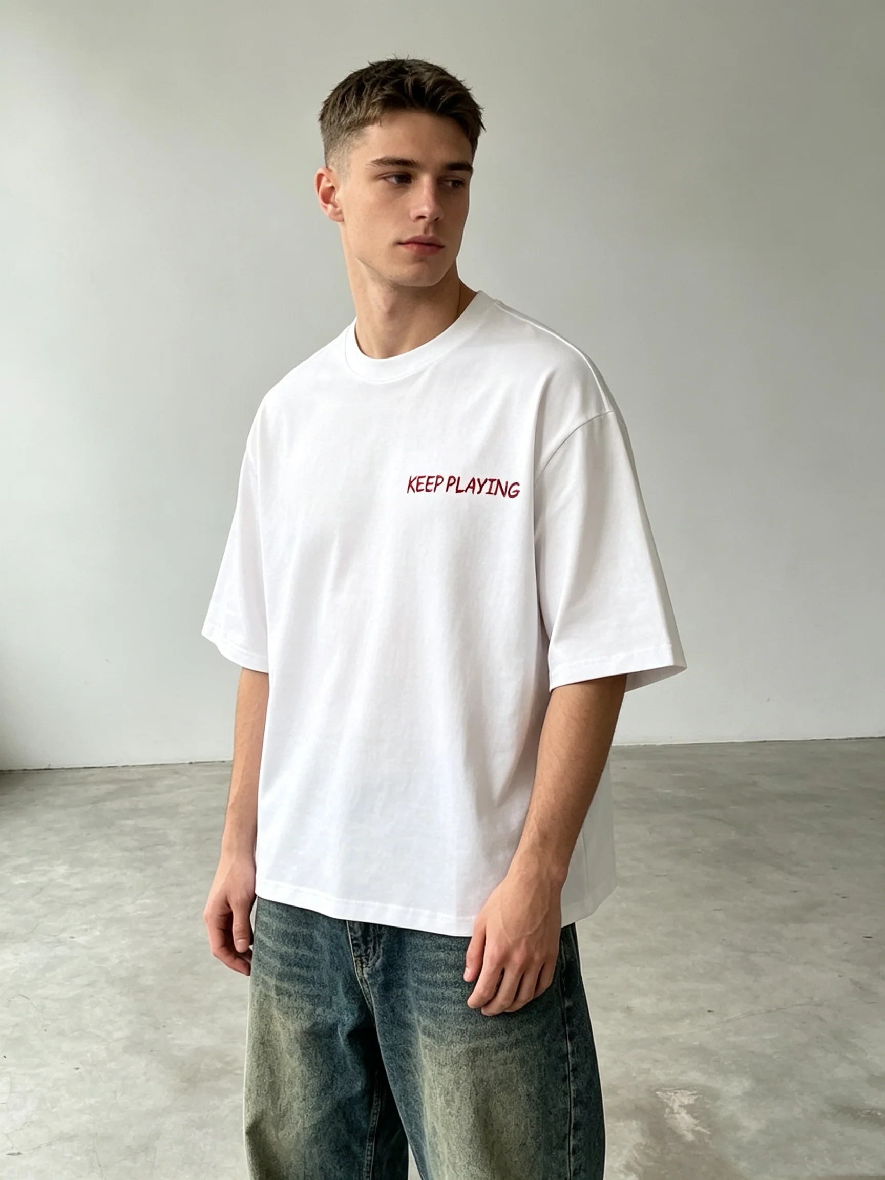 Men White Red Letter Print T Shirt KEEP PLAYING Oversized Boxy Crew Neck Casual Streetwear Short Sleeve Tee