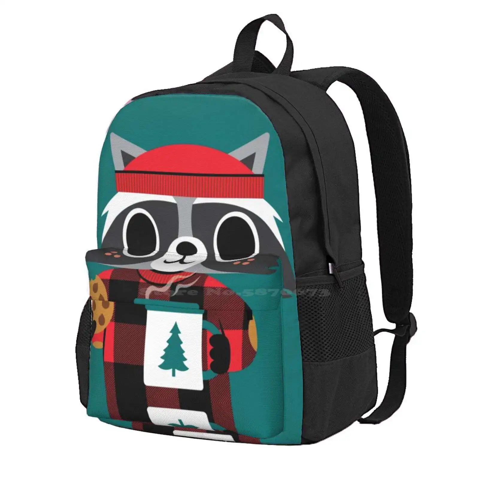 Raccoon In Red Buffalo Plaid Sweater Hot Sale Schoolbag Backpack Fashion Bags Raccoon Lumberjack Red Buffalo Cute Animal