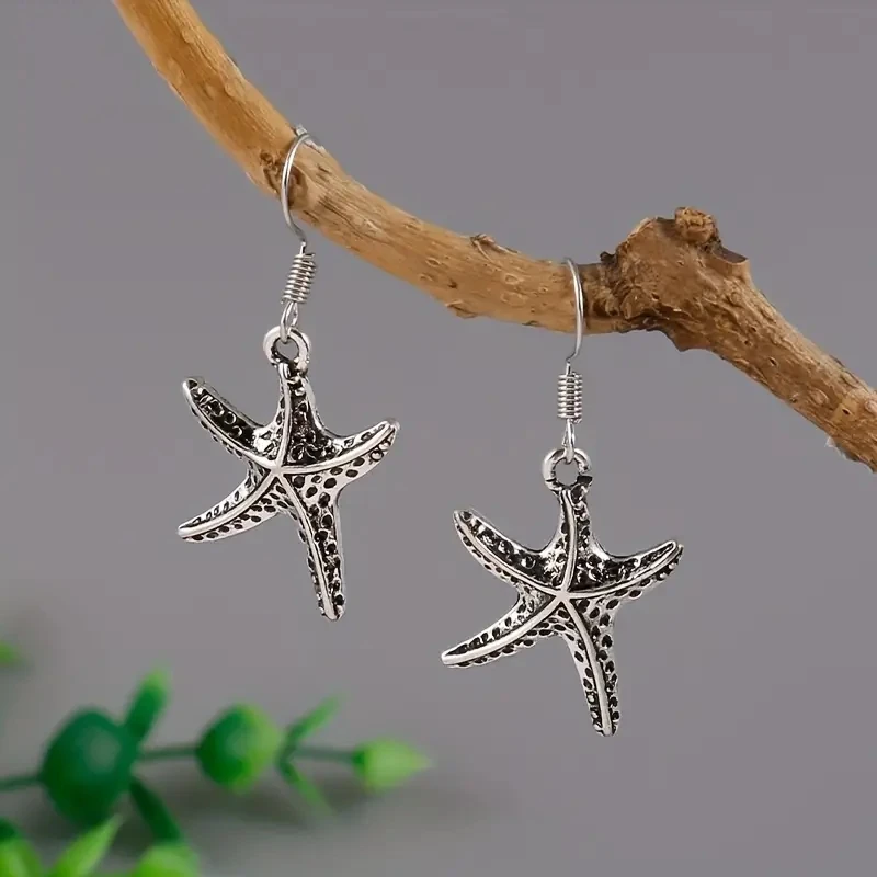 Ethnic Style Boho Silver Color Earrings for Women Starfish Metal Inlaid Dangle Earrings Jewelry Gift