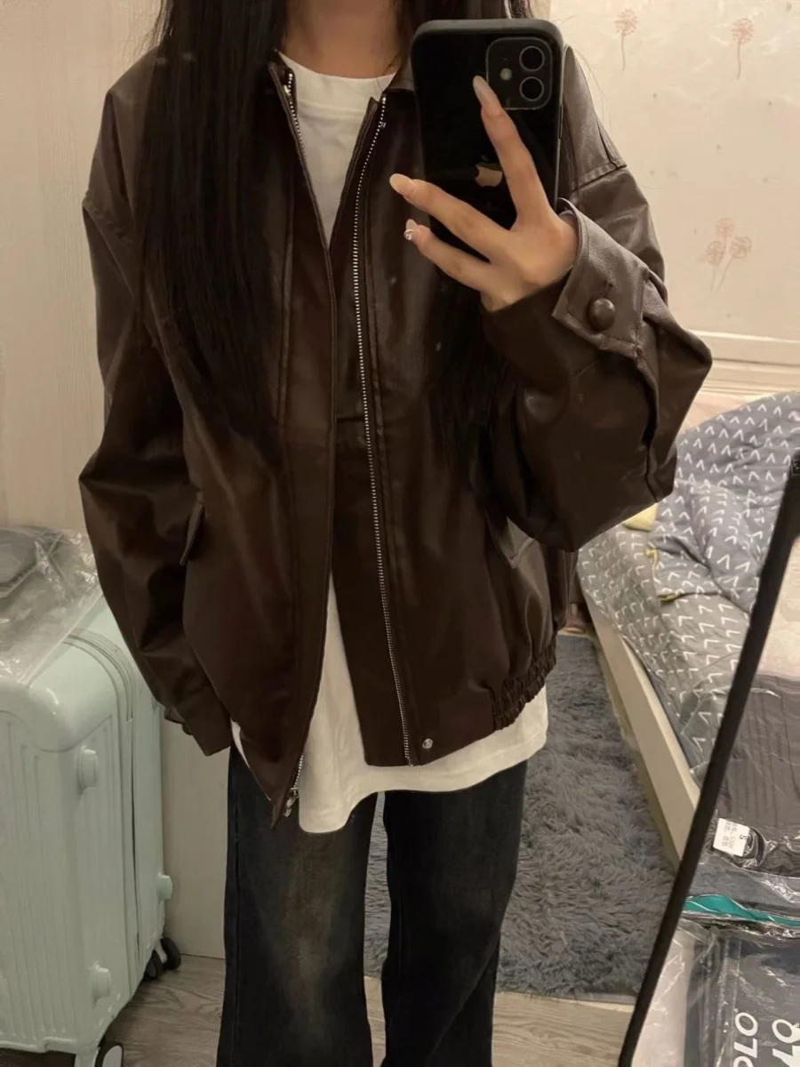 Brown Leather Jacket Women's Loose Style American Student Spring Autumn New Large Size Fashionable Top Zipper Closure Long Sl...