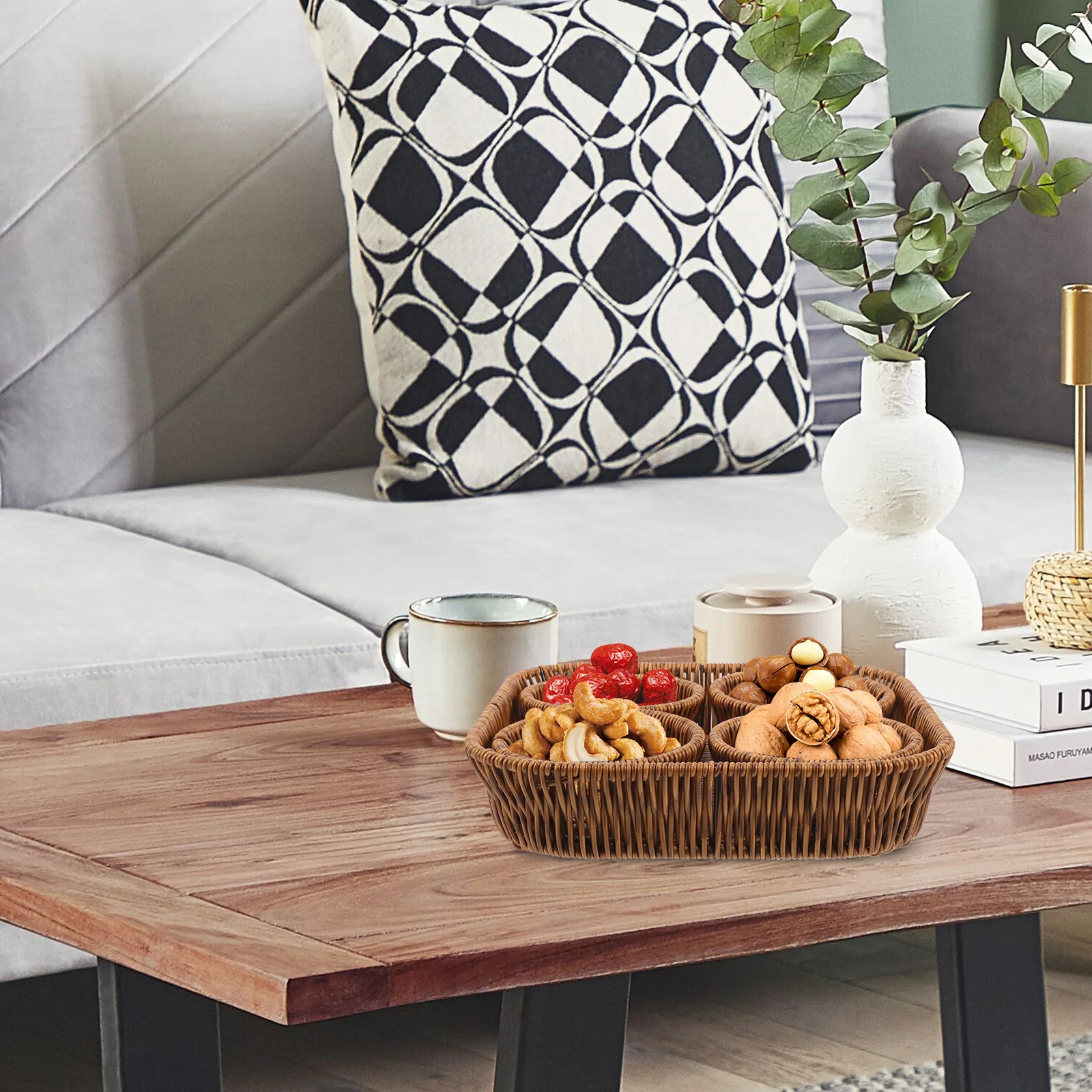 

1Set Woven Storage Basket Rustic Snack Fruit Basket Large Small Compartments Storage for Living Room Desktop