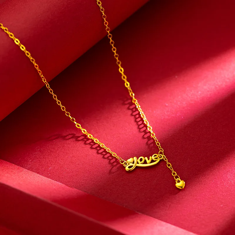 9999 real gold 24K yellow gold Sweet Fashion Letter Love Love Collarbone Necklace