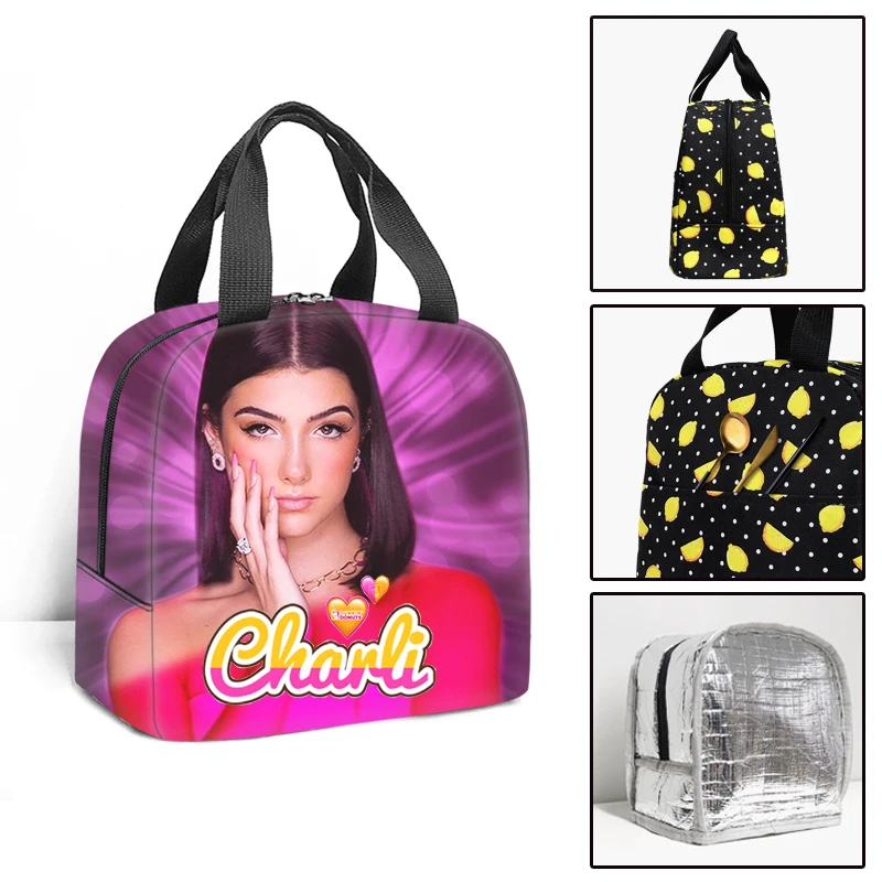 

Cartoon Novelty Charli Damelio Student Work Lunchbox Thermal insulation Food Lunch Bag 3D Printed Portable Handbags Ice Bags