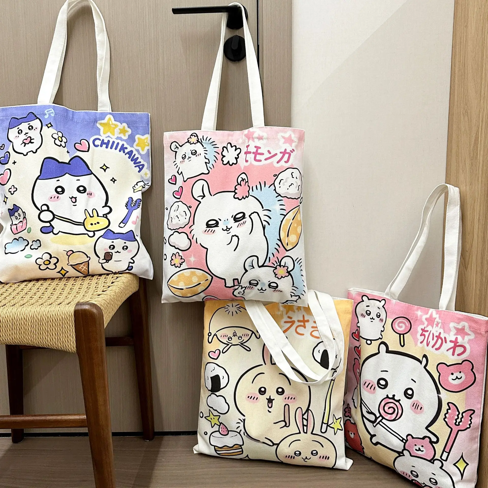 Bolsa de lona com desenho animado Chiikawa, bolsa de ombro de grande capacidade, bolsa de compras feminina, bolsa portátil de grande capacidade Hachiware