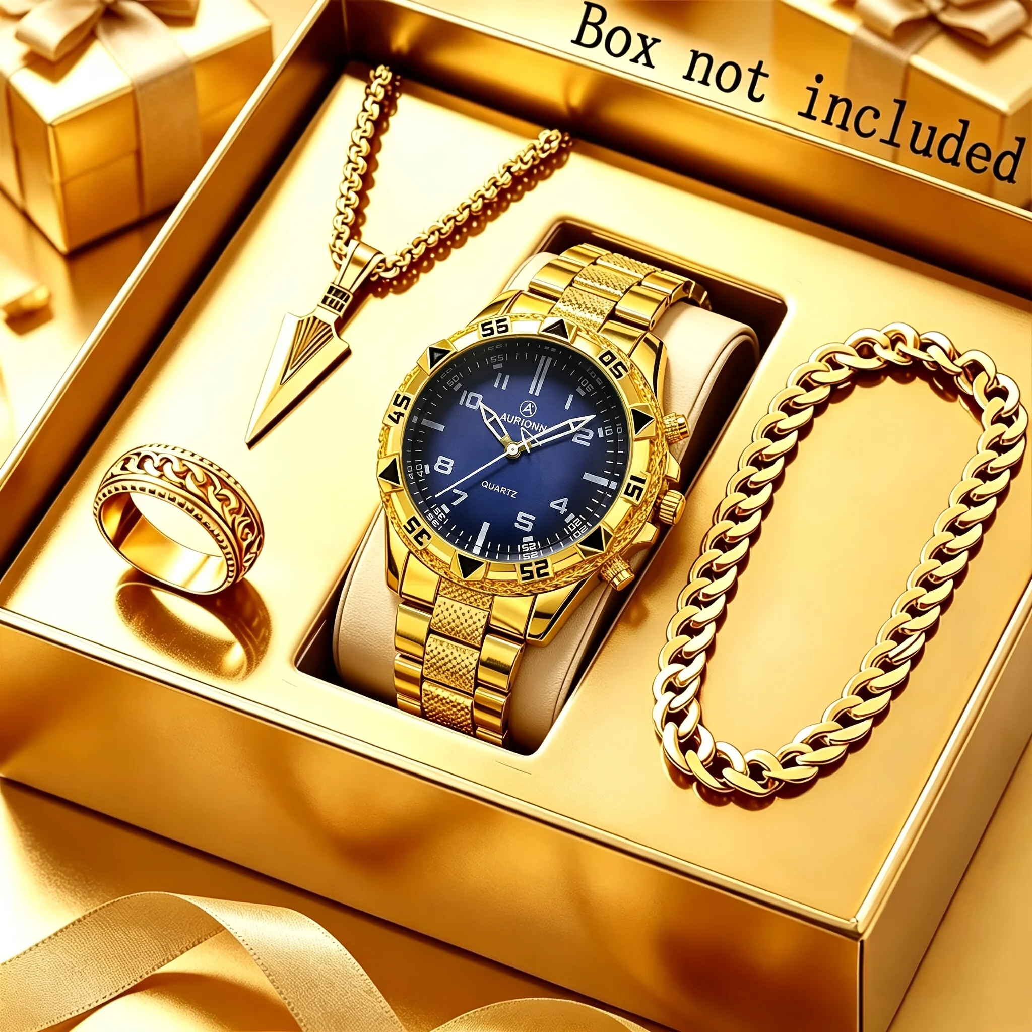 4-Piece Men's Fashionable Luxury Round Quartz Watch - Necklace and Ring Set, Round Dial Design, Fashionable Business Style