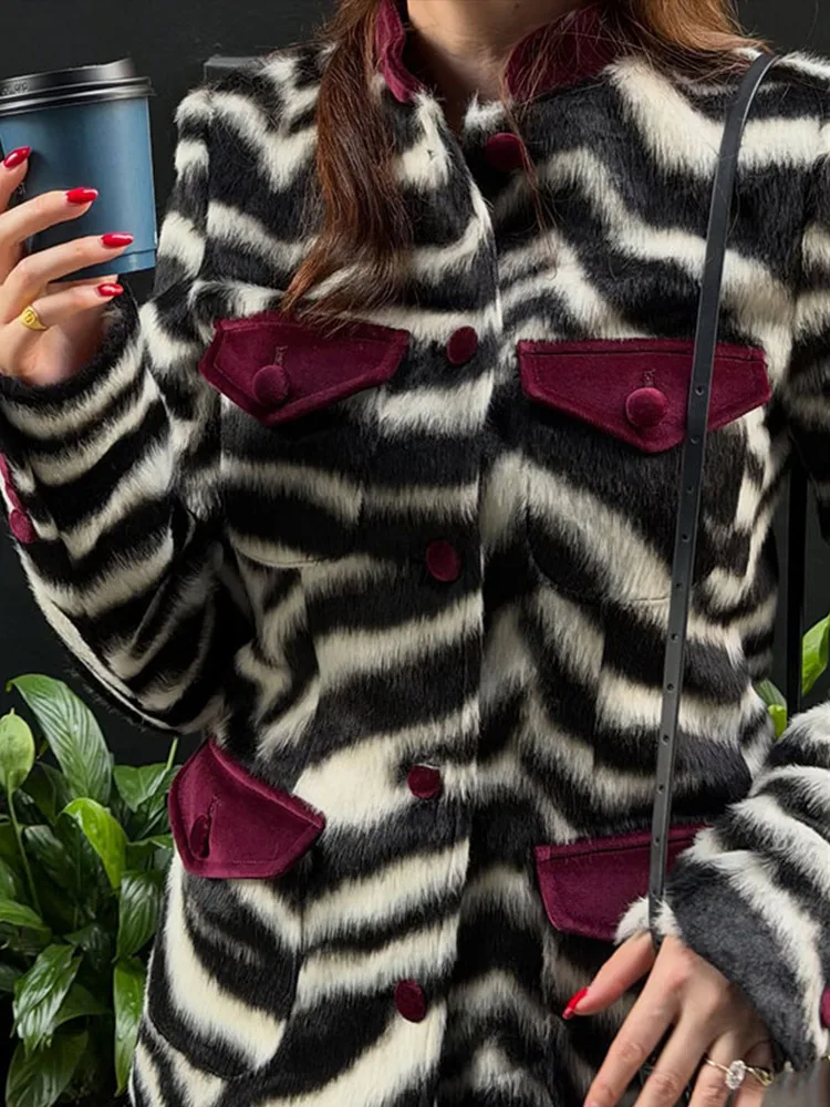 Zebra Print Faux Fur Shoulder Pad Long Sleeve Single Breasted Fitted Jacket Women 2026 Autumn New Chic Coat