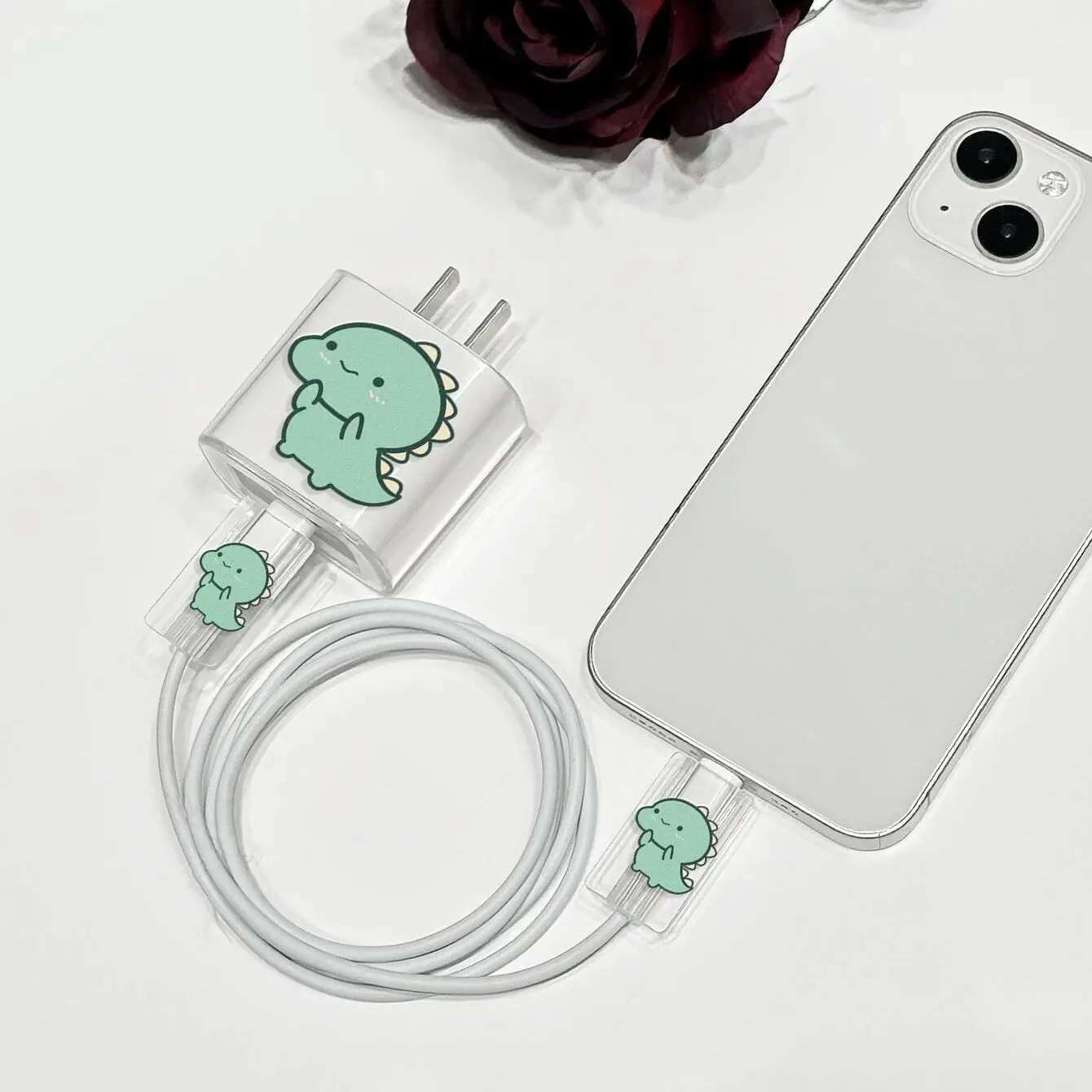 Cute Green Dinosaurs  Charger Protector For Apple 18W/20W Charger Cable Organizer  Wrap Anti-bite Line Cord Clear Cover