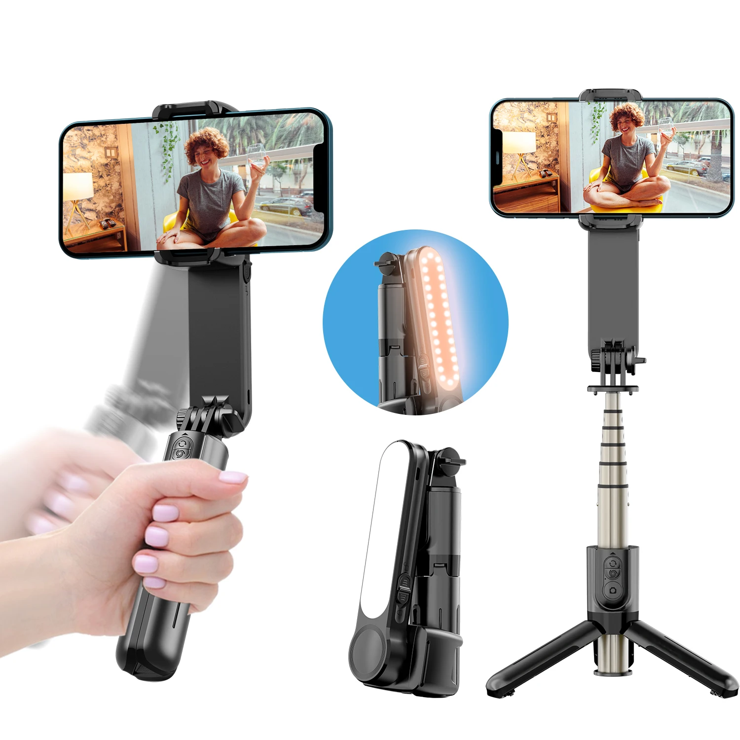 L09 Fill Light Gimbal MINI Stabilizer Selfie Stick Bluetooth Remote Tripod Phone Stand for iPhone 14 13 12 Pro Max For Cellphone