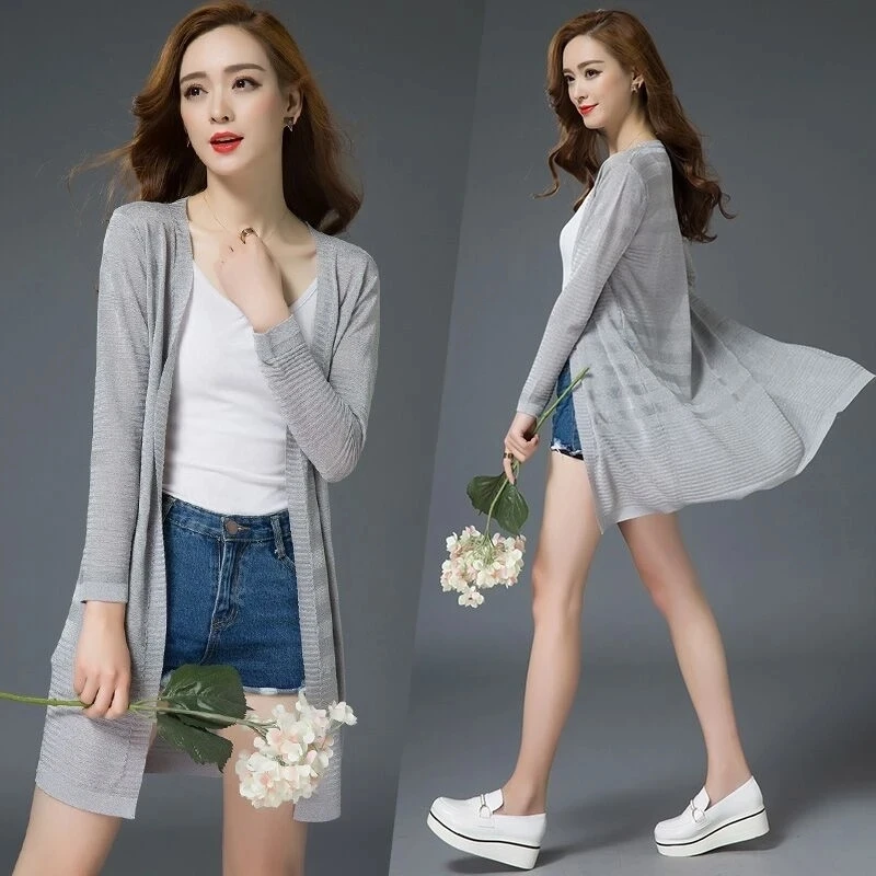 Spring Summer Female Ice Silk Knitted Cardigan Sunscreen Clothing Tops Coat Women Medium Length Thin Shawl Sun Protection Jacket
