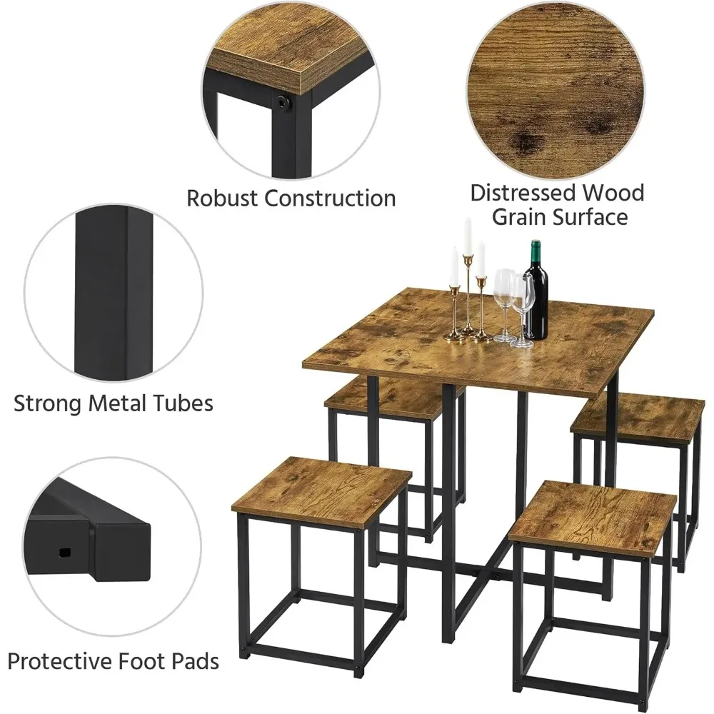 5 Piece Dining Table & Chair Set - Compact Dining Table Sets Small Kitchen Table with 4 Stools for Dining Room Small Space