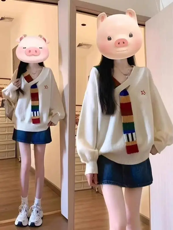 

American Retro Rainbow Knitted V-Neck Sweater Coat Loose College Style High-End Winter Women's Knitwear Long Sleeve