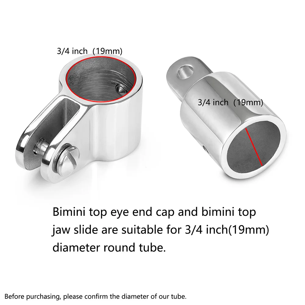 Marine Grade 316 Stainless Steel Bimini Top Jaw Slide and Eye End Cap, Fits 3/4 inch /19 mm OD Round Tube Hardware（1/2/4 Pcs）