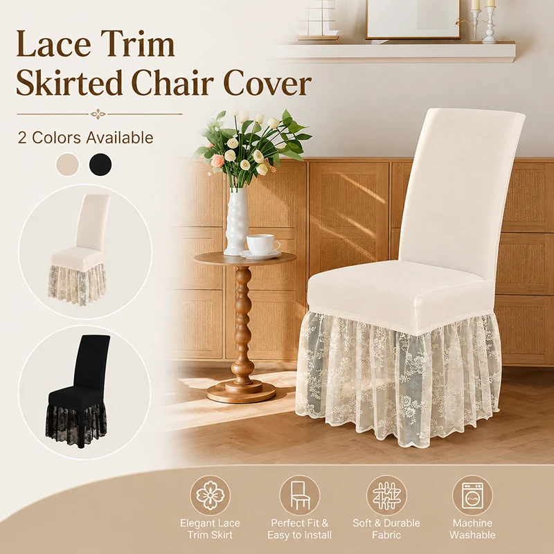 

Luxury Milk Silk Chair Cover Lace Trim Skirted Elastic Dining Seat Covers Non-Slip Dustproof Minimalist Home Decor