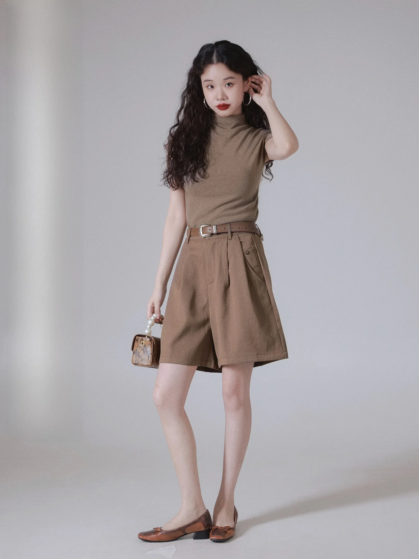 

IVYYANG High Waist Elastic Waist Pleated Texture Summer Slimming Five-Quarter Casual orts Women's Faion Commute Sle