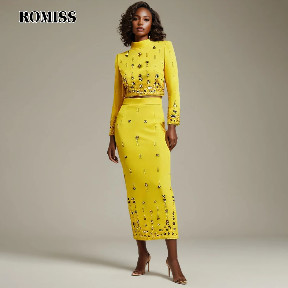 ROMISS Patchwork Diamonds Two Piece Sets For Women Turtleneck Long Sleeve Top High Waist Skirt Temperament Set Female New