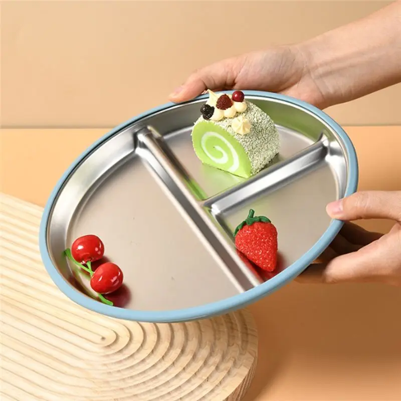 BEDW-Divided Plates For Toddlers 9 Inch 2PCS Stainless Steel Kids Plates With Removable Silicone Sleeves 4 Suction Cups