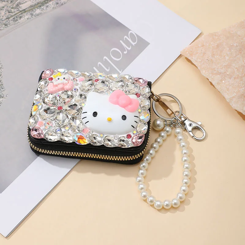 KT Cat Wallet Cartoon Cute Figure PU Diamond Multi Functional Multi Slot Card Bag Coin Pearl Hanging Girl Birthday Gift Commuter