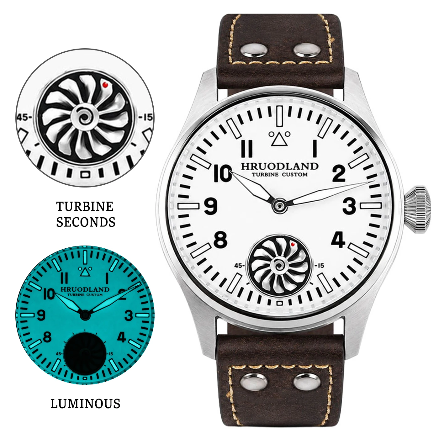 HRUODLAND Retro-Pilotenuhr uhren für herren, Turbinen-Sekundenanzeige, Saphirglas, BGW9, Leuchtzeiger, wasserdicht, Seagull ST3620, luxusmarken, hohe Qualität