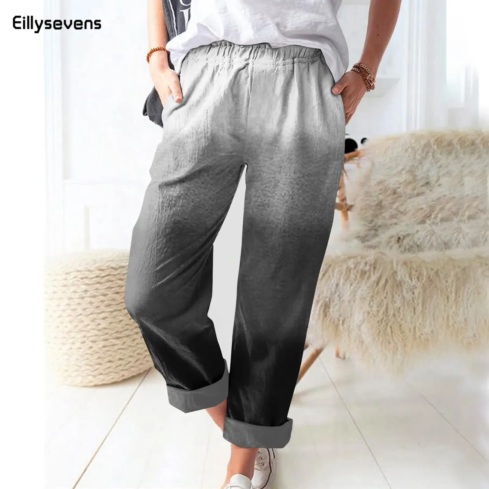 

Womens Spring Summer Pants Cotton Linen Solid Elastic Waist Candy Colors Harem Trousers Soft High Quality For Female Ladies-Xxl