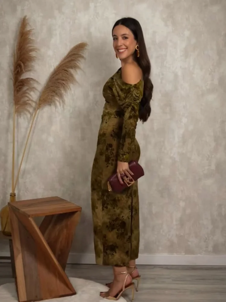 

Элегантное флокированное плиссированное платье на одно плечо, женское платье с длинным рукавом и принтом на талии, тонкие длинные платья, женские отпускные платья