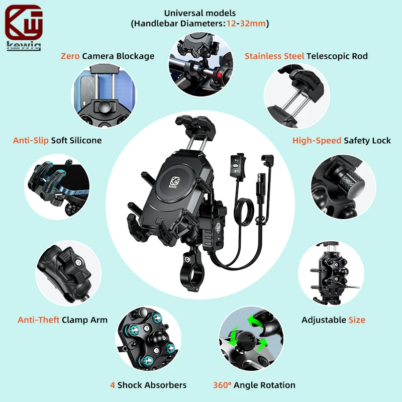 Kewig M26A Motorcycle Phone Holder 15W Wireless Charger 36W USB C Charging Vibration Dampener Anti-Theft Handlebar Phone Mount view 2