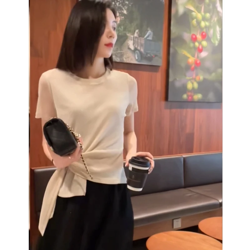 

Ele Ice Silk Knitted ort Sve T-irt Women's Summer Light Maturi Sle Design Sense Charming Top with Belt