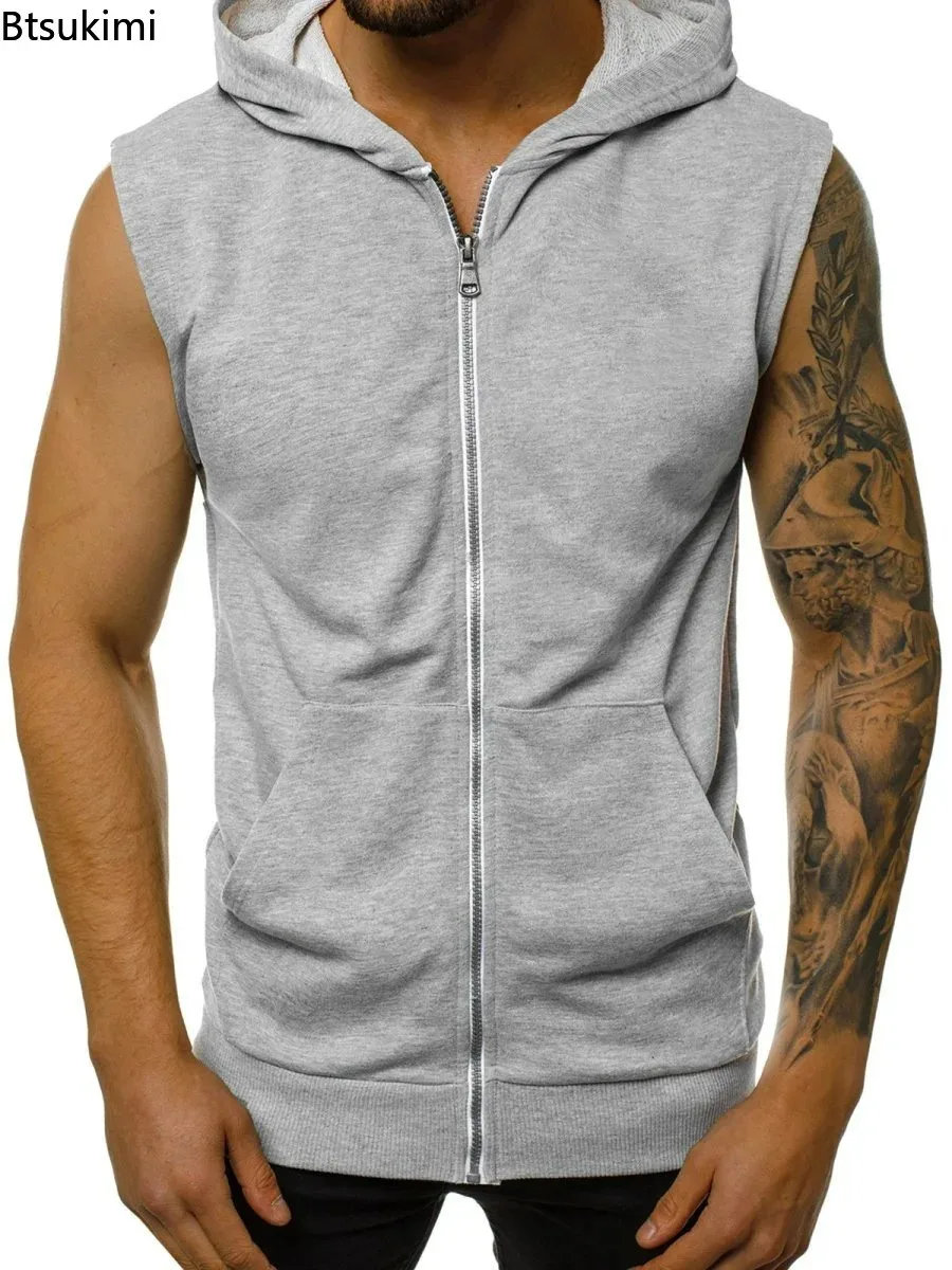 Men's Solid Hooded Cardigan Tank Tops Sportswear Casual Versatile Running Training Sleeveless T-shirt Men Fitness Sport Tops New