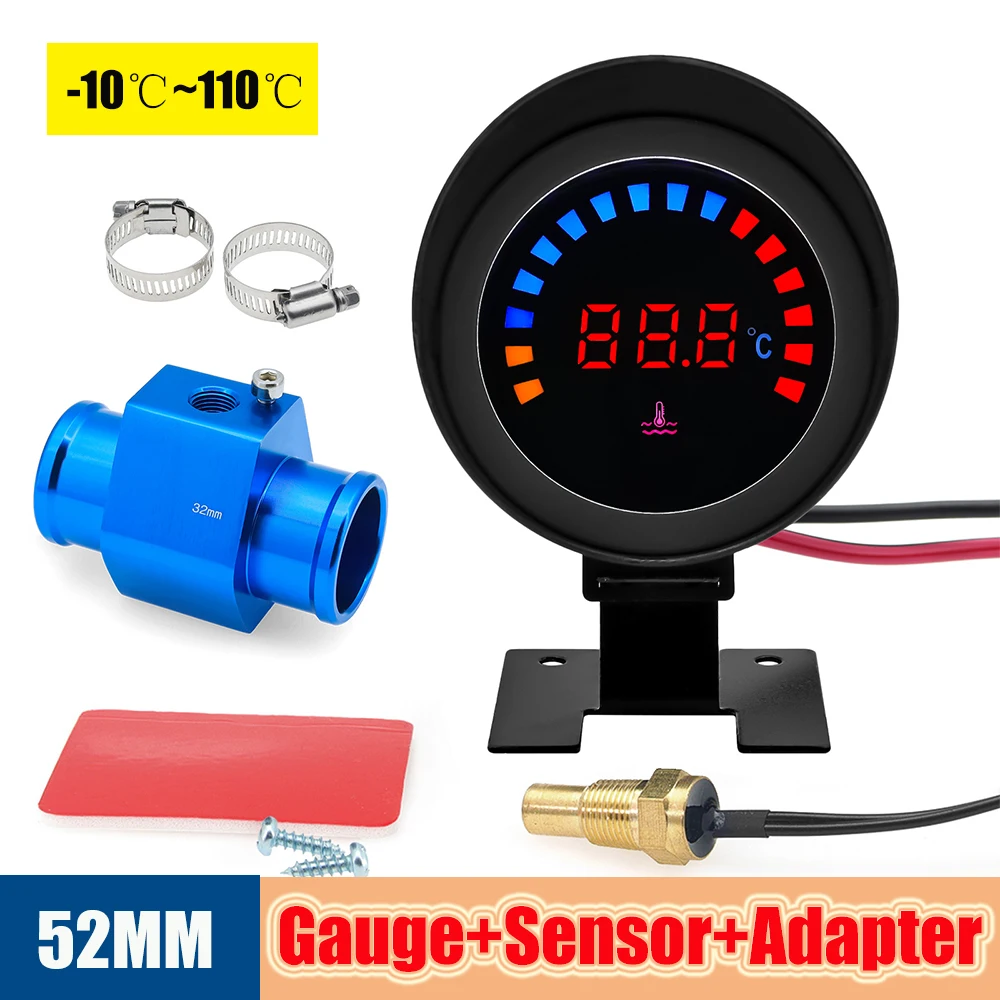 52mm Auto Water Temperature Meter Universal LCD Digital Thermometer Indicator with  Water Temp Sensor 1/8NPT Adapter 26-40MM 12V