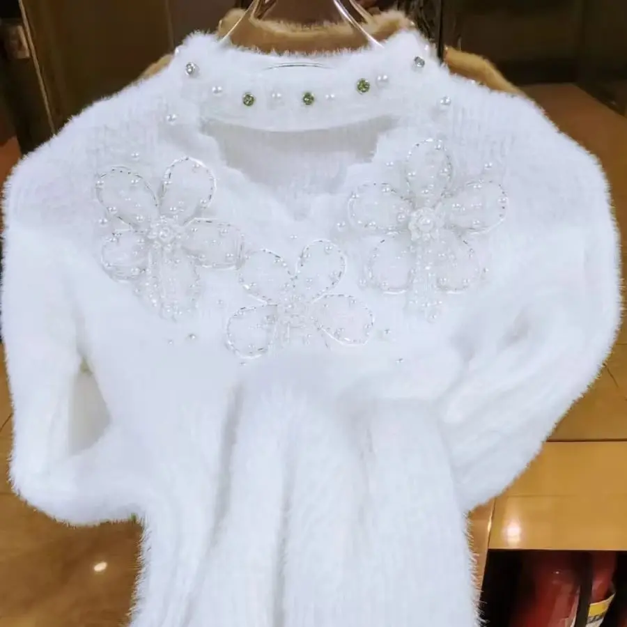 

Luxury Crystal Tassel Flowers Faux Mink Fur Slim Fit White Sweater for Women Autumn/Winter Knitwear Bottoming Pullovers Femme