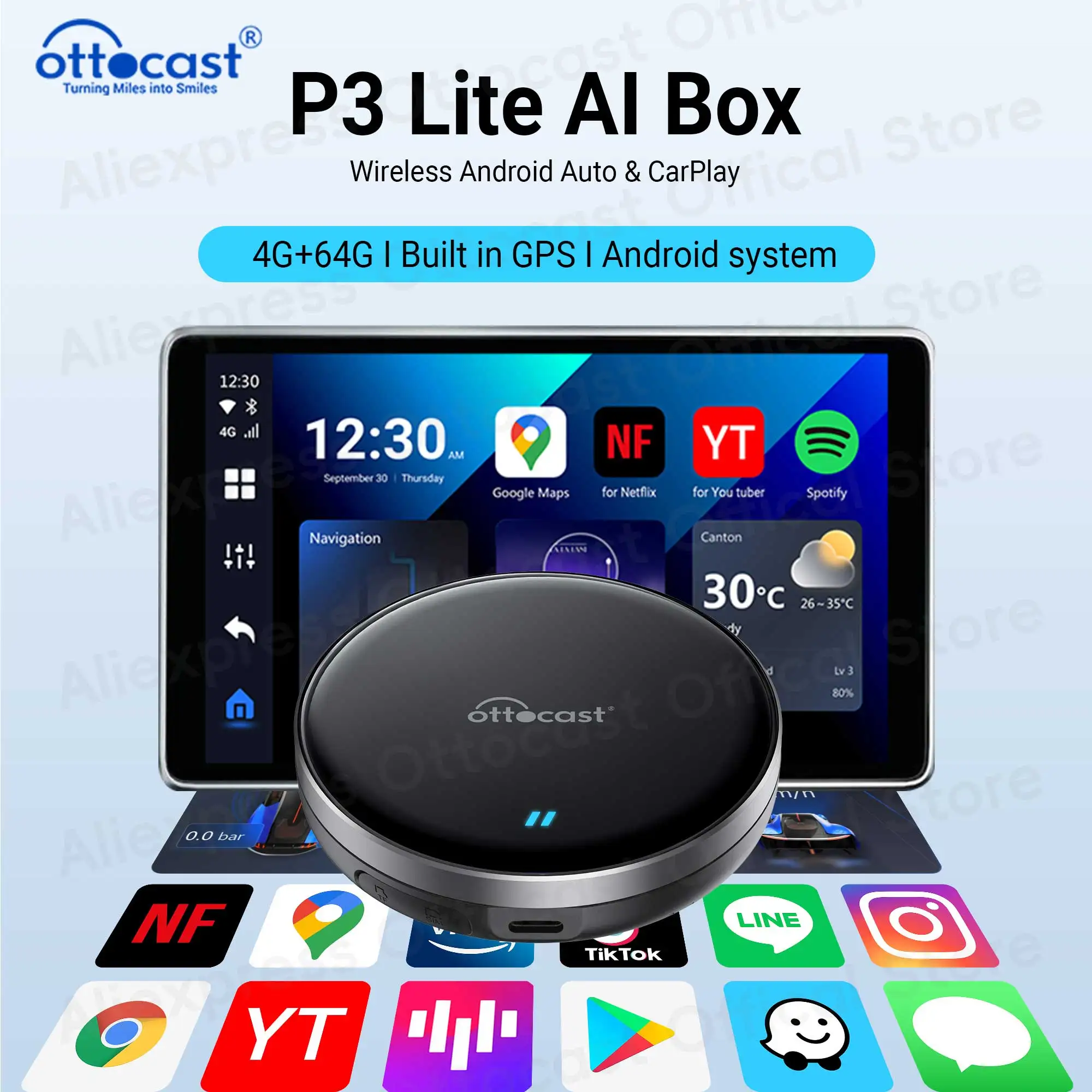 OTTOCAST OttoAiBox P3 Lite 4+64G Wireless Android AI Box CarPlay for VW Chervolet Skoda for Youtuber for Tik Tok Car Accessories