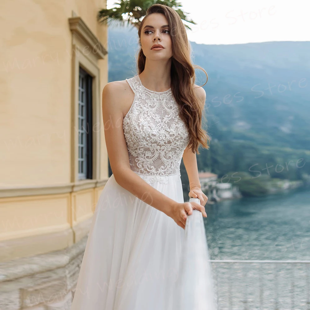 Vestidos de casamento femininos com gola alta, linha A, apliques simples, vestidos de noiva com renda, sexy, sem mangas, praia, moderno, novo