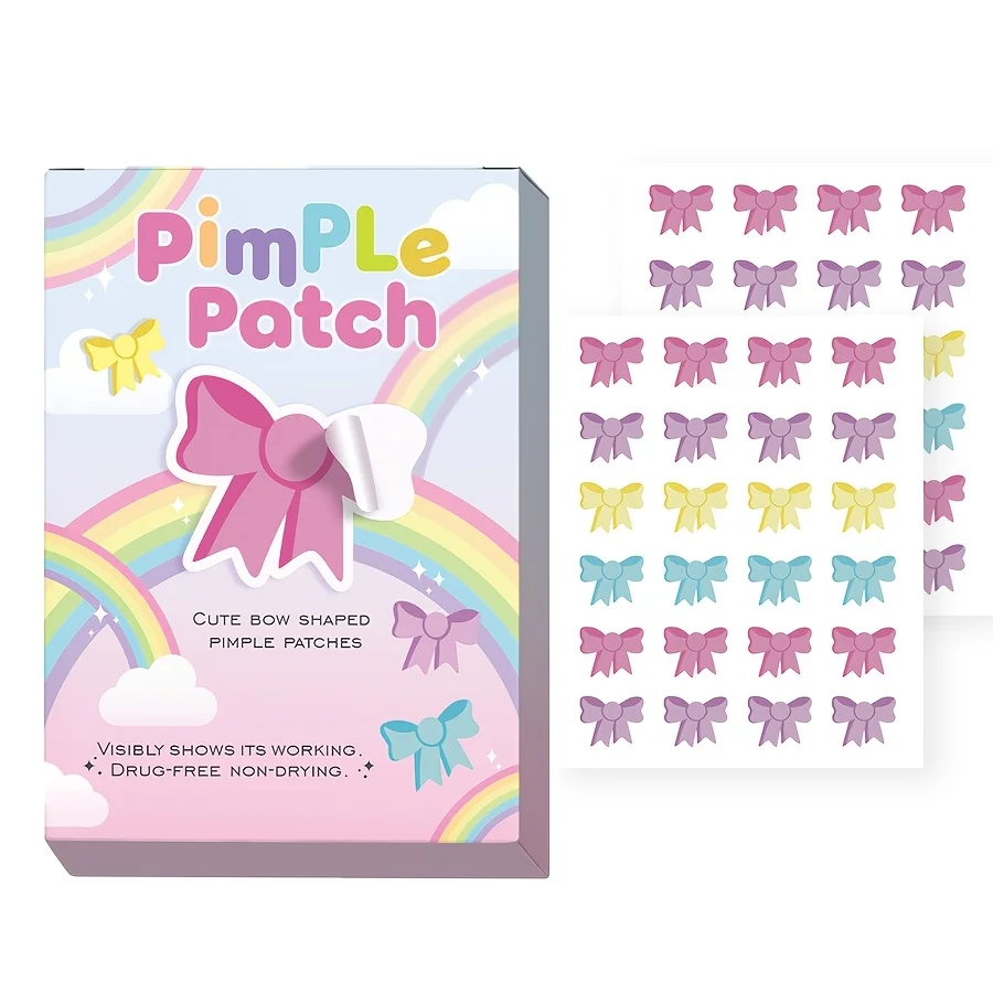 Parche para el acné de dibujos animados con lazo lindo de 48 piezas: sin alcohol, sin fragancia, no tóxico, resistente al agua. Adecuado para todo tipo de piel,
