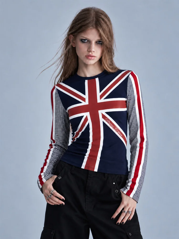 Punk Retro Union Jack Print Long Sleeve T Shirt British Flag Graphic Crew Neck Slim Fit Retro Y2K Streetwear Top for Men Women