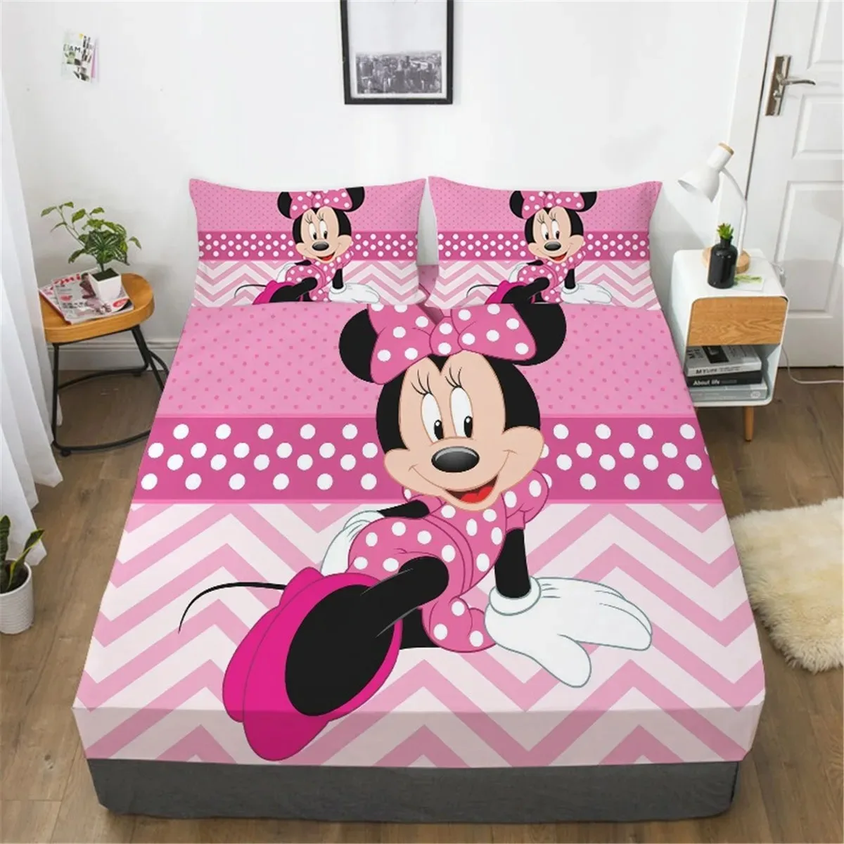 1Mickey Fitted Sheet With Pillowcase,Minnie Pink Bed Cover Protector,Boys Girls  Nonslip Mattress Cover Soft Comfortable Bedding