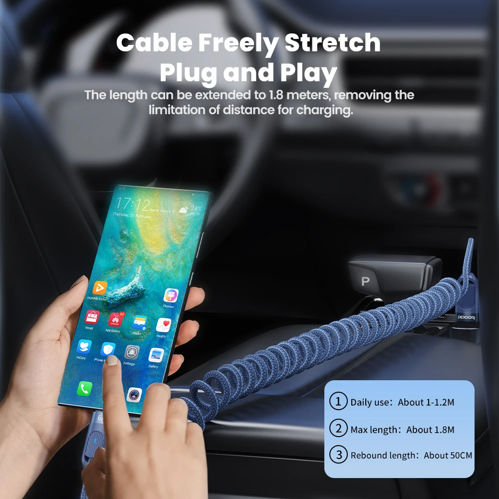 Toocki-Cable USB 6A para iPhone 15 Pro Max, pantalla LED, Cable USB C de resorte de alta velocidad para Xiaomi, Samsung, Cable cargador de teléfono