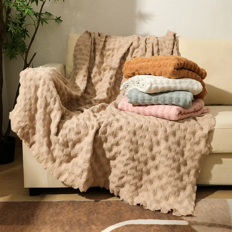 Inyahome Cable Waffle Blanket Throw Sofa Bed Couch Warm Fluffy Cozy Plush Knit for Couch Bed Farmhouse Outdoor Home Decor