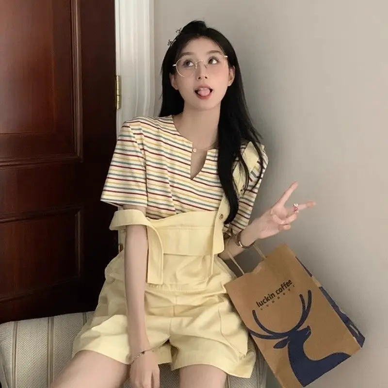 

Women's Denim Rompers Playsuits Womens Overalls Elegant College Comfy Drape Garment Vertical Mori Orangepink Artistic Wash