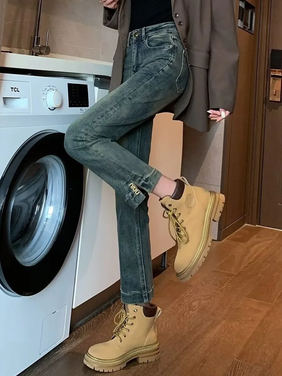 

Прямые джинсы с высокой талией, женские весенне-осенние новые джинсы больших размеров для похудения, длинные хлопковые эластичные джинсы с разрезом