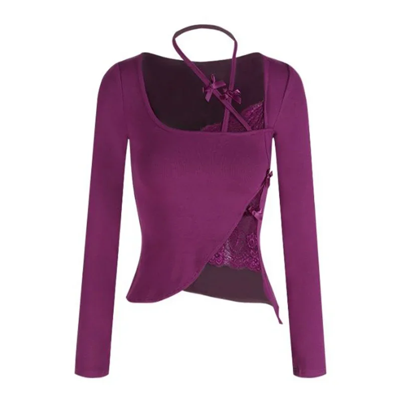 2025 ربيع جديد الإناث تي شيرت مصمم Bowknots تي شيرت الفتيات الحلو مثير ملابس طويلة الأكمام سيدة شيك ملابس داخلية أنيقة القمم