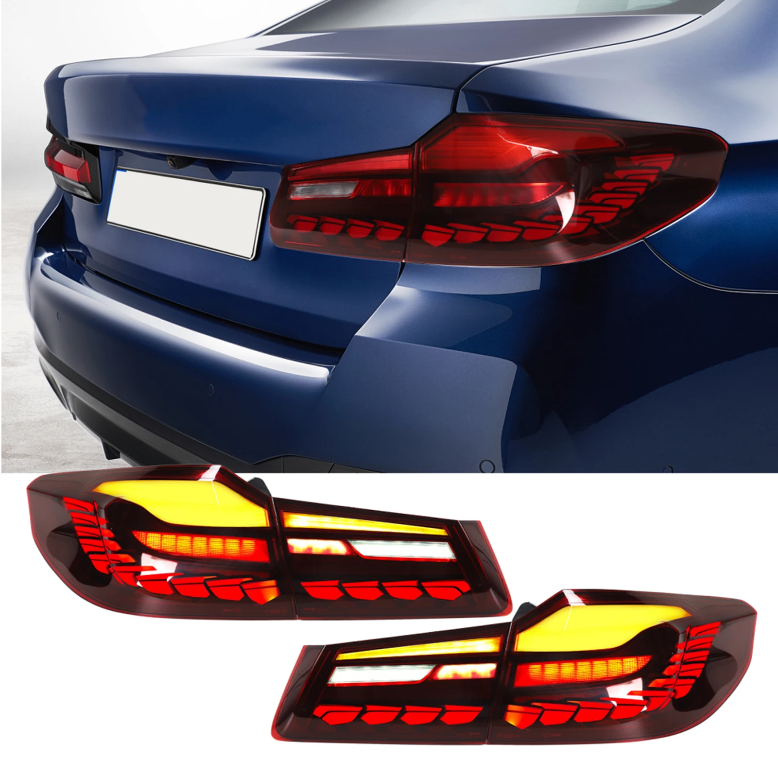 For BMW 5 Series G30 M5 F90 Pre‑Facelift 2017-2020 1 Pair Red GTS OLED Style LED Rear Tail Light Lamp Dynamic Turn Signal