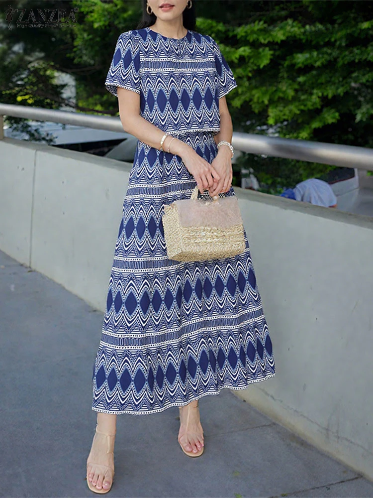 

ZANZEA Stylish 2 Pieces Sets Women Summer Outfits Elegant O Neck Short Sleeve Blouse Dress Sets Printed Tracksuits Matching Sets