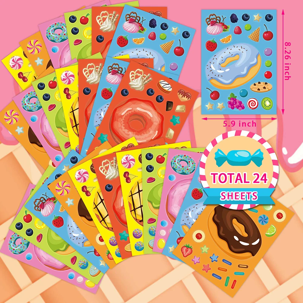 6/12Sheets DIY Donut Puzzle Stickers Make-a-Face Candy Dessert Kids Funny Jigsaw Toy Interactive Educational Children Party Gift