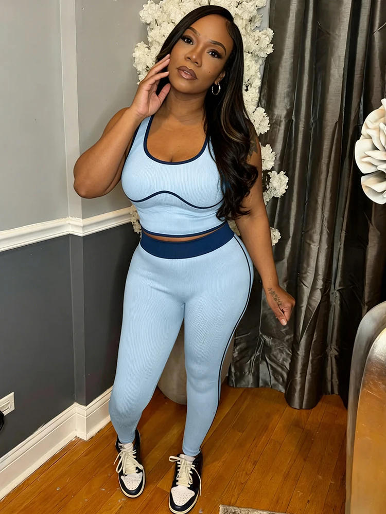 

Nibber Sporty Style 2 Piece Set Woman Lines Patchwork Summer Trend Low-Neck Sleeveless Crop Tops+Skinny Long Pants Casual Suits