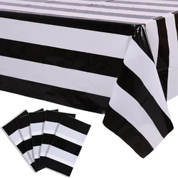 1pc Black&White Vertical Striped Tablecloth Plastic Waterproof Rectangular Tablecloth for Holiday Party Picnic Decoration