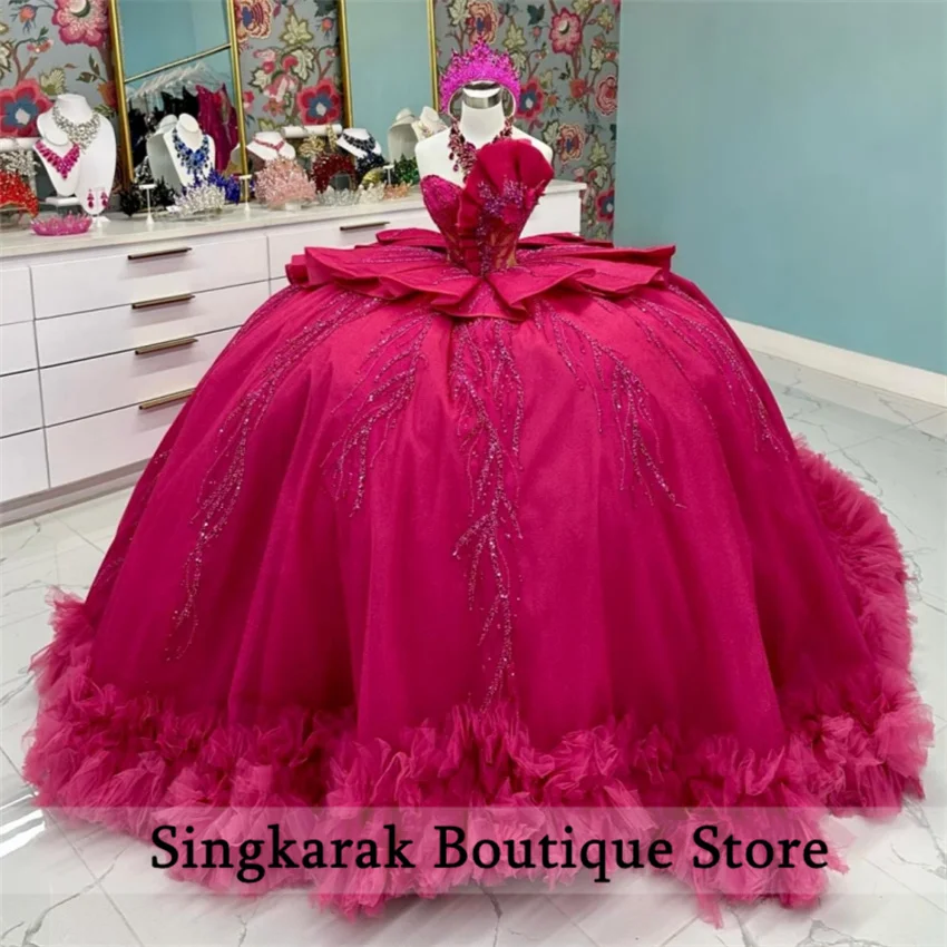

Ярко-розовое платье Quinceanera без бретелек в форме сердца, 2025 г., бальное платье с аппликацией и бисером, 15-е праздничное платье, многоуровневые оборки по индивидуальному заказу
