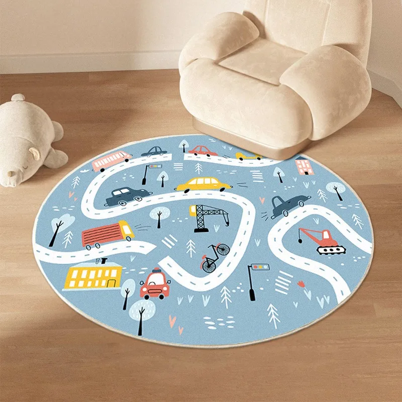 Transportation Track Round Rug for , Interactive Vehicle Game Floor Mat for Living Room, Bedroom or Play Area