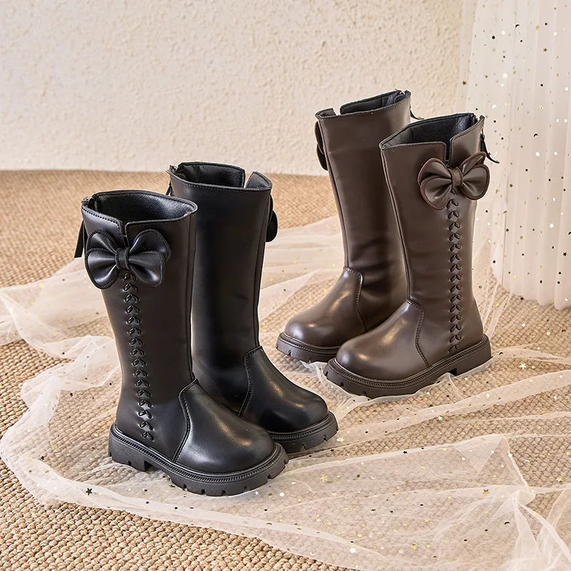 

Новинка зимы 2024, детские сапоги до середины икры для девочек, модная нескользящая универсальная кожаная обувь принцессы в корейском стиле с мягкой подошвой