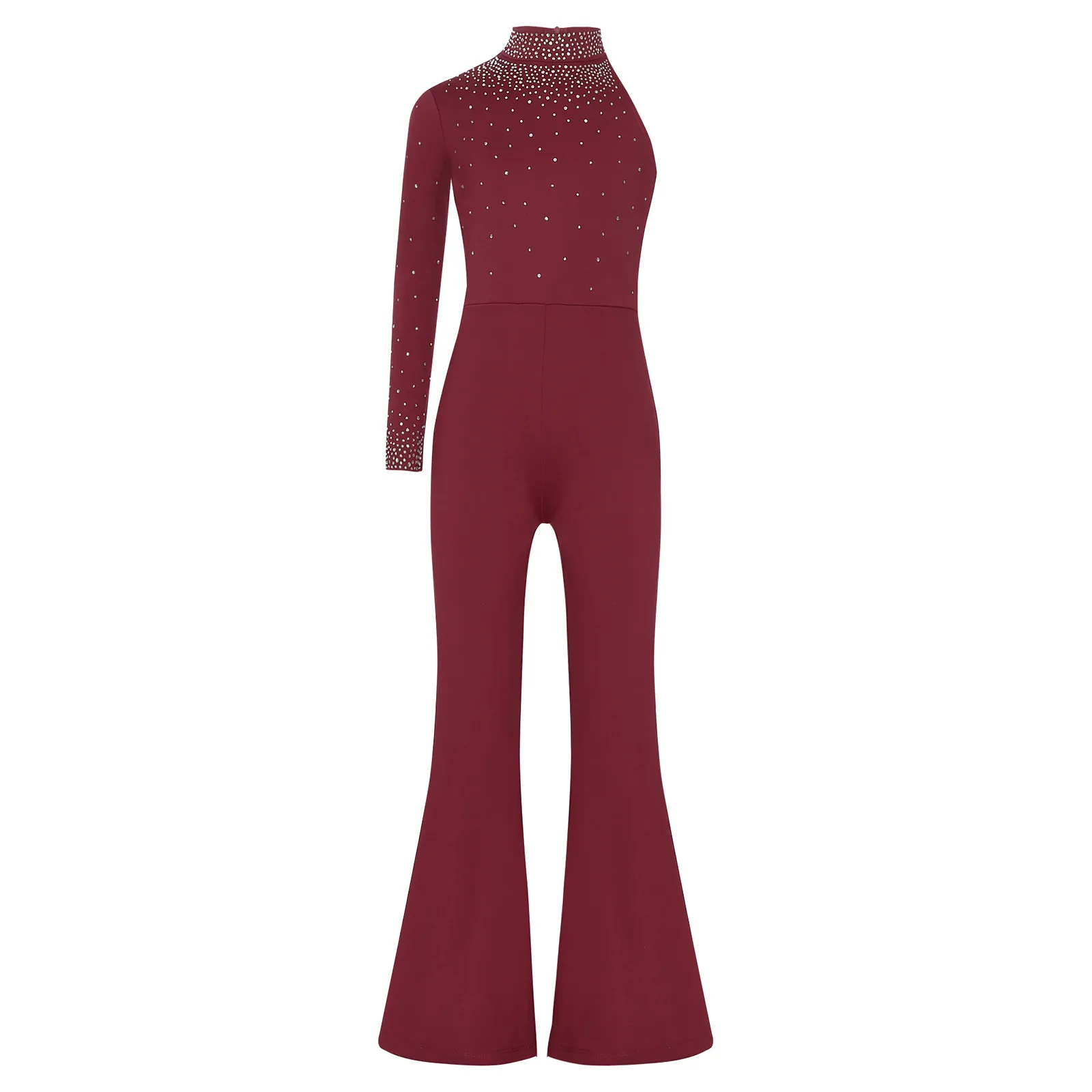 

Teen Girls Shiny Rhinestones Rompers Wedding Jumpsuit Single Long Sleeve Wide Leg Pants One Piece Bodysuit Party Dinner Clothes